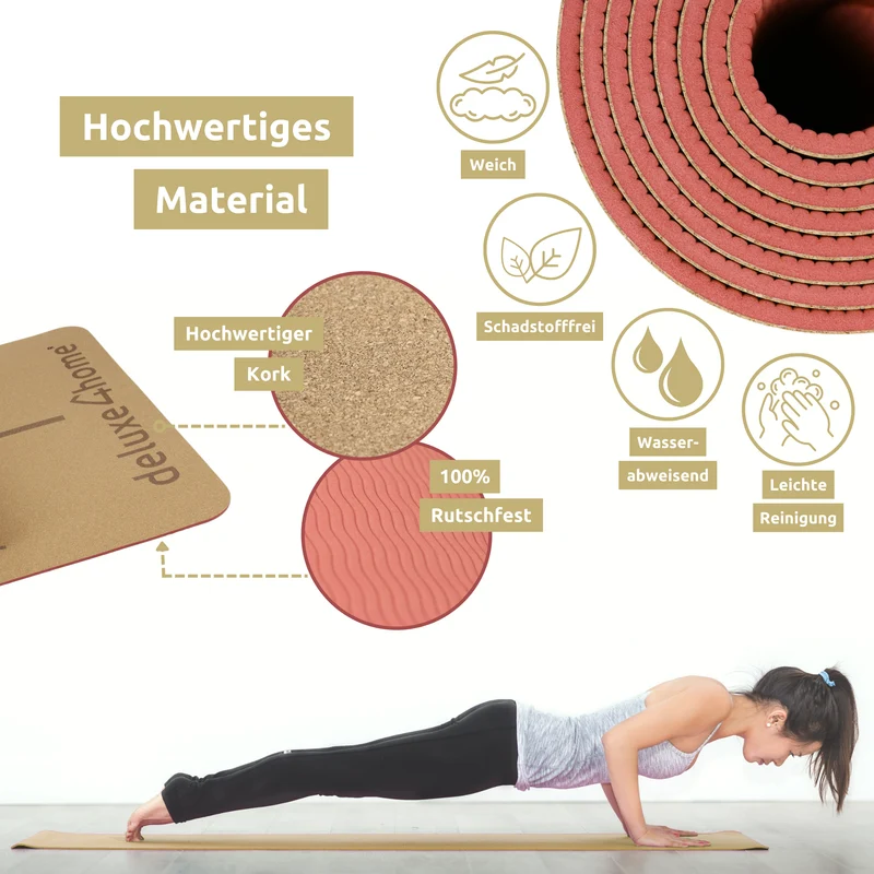 Yogamatte Kork inkl. Tragegurt I rutschfest TPE Gymnastikmatte für Sport