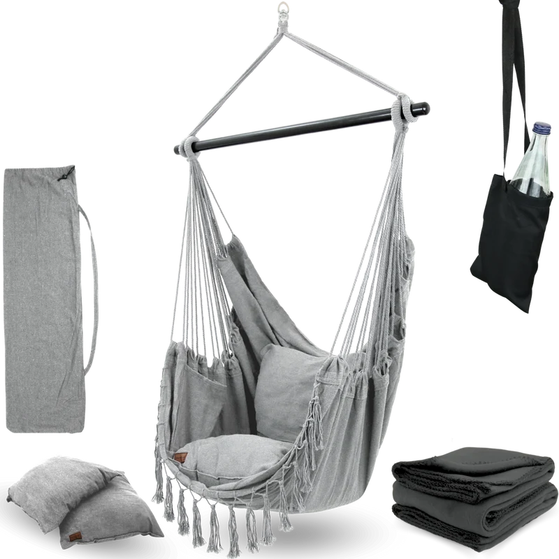 Hängesessel mit 2 Kissen, Bücherfach und Kuscheldecke