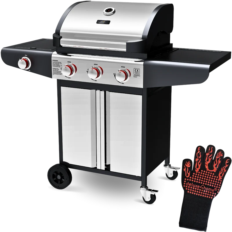 Grillwagen Gasgrill mit Deckel, 3 + 1 Seitenbrenner, Thermometer uvm.