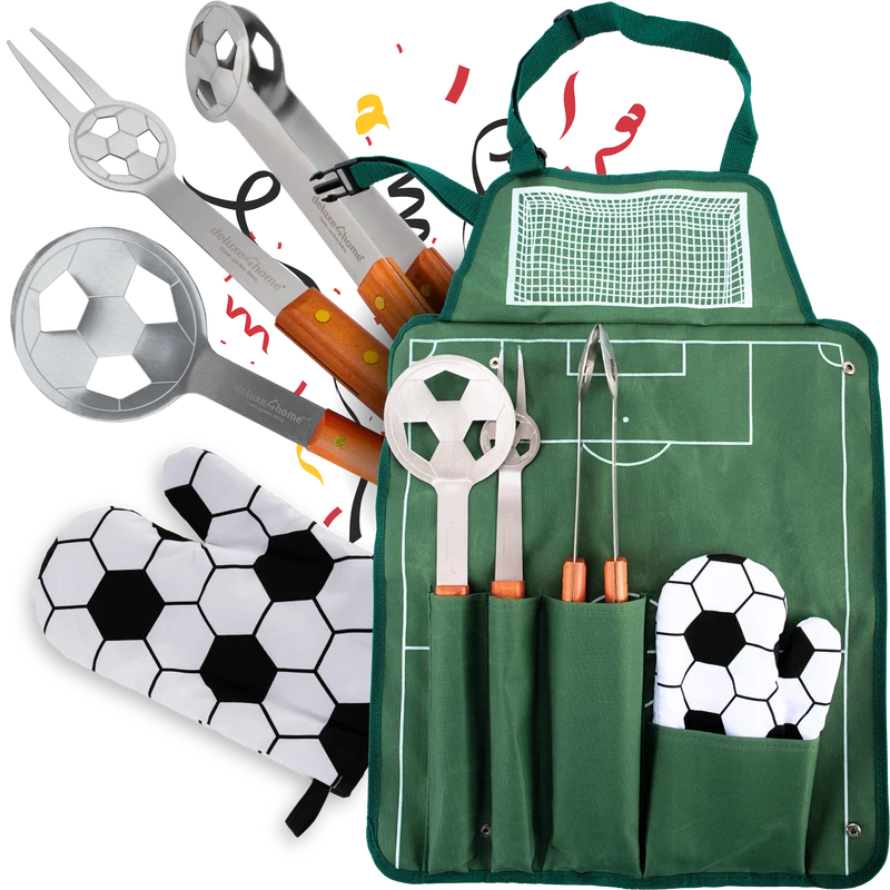 Grillset: Grillgabel, Grillzange, Grillwender und Grillhandschuh