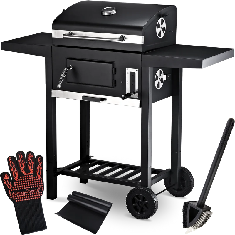 Holzkohlegrill mit Deckel. - Grillwagen I 2 Ablagen, Thermometer uvm.