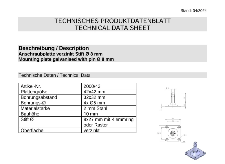 Anschraubplatte 42x42x2,0 mm verzinkt, Stift Ø 8x27 mm mit Klemmring