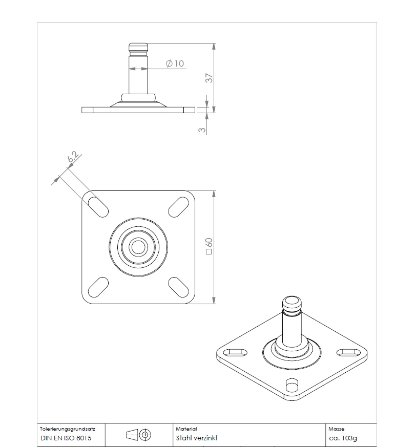 Anschraubplatte 60x60x3mm verzinkt, Stift Ø 10 mm mit RASTER, 4x Langlochbohrung