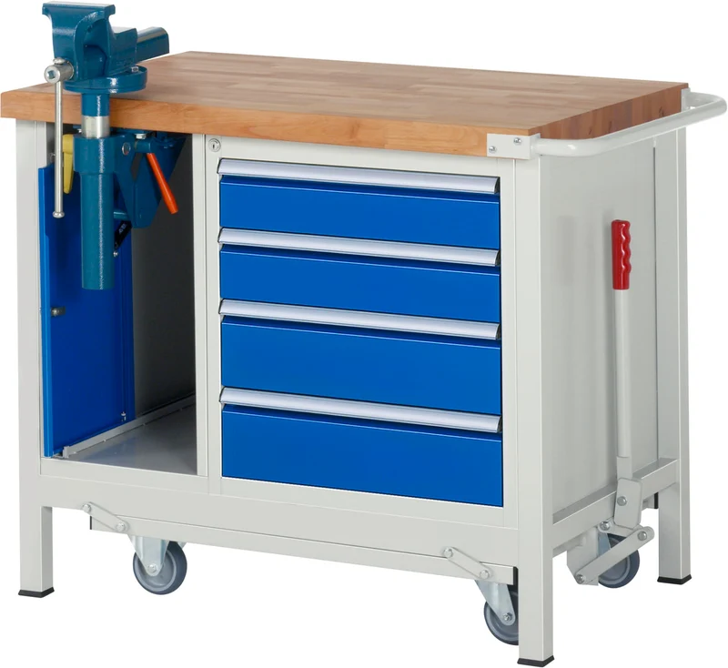 Werkbank mit Schraubstock & 4 Schubladen mobil – 1.000 mm Breite | 1.250 kg Traglast