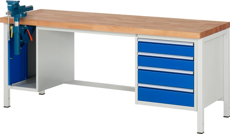 Werkbank mit Schraubstock & 4 Schubladen – 2.000 mm Breite | 1.250 kg Traglast