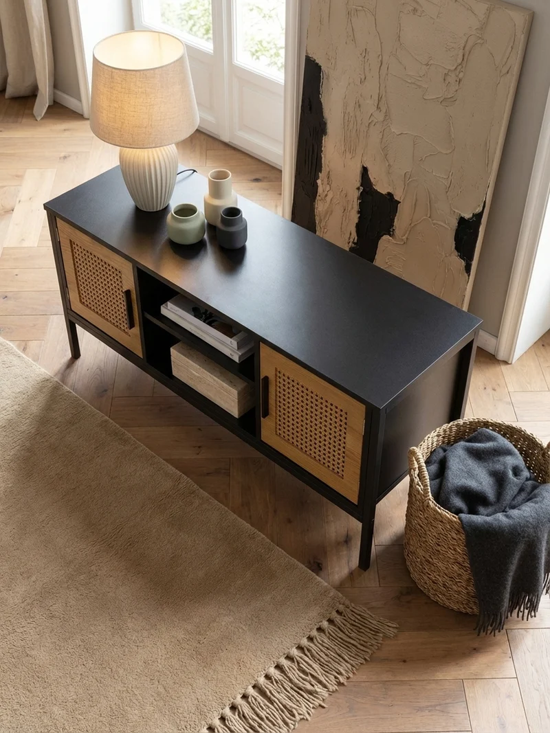 Lowboard Schwarz Eiche-Dekor Zeitloser Stil 110x48x40 cm mit Wiener Geflecht und Türen