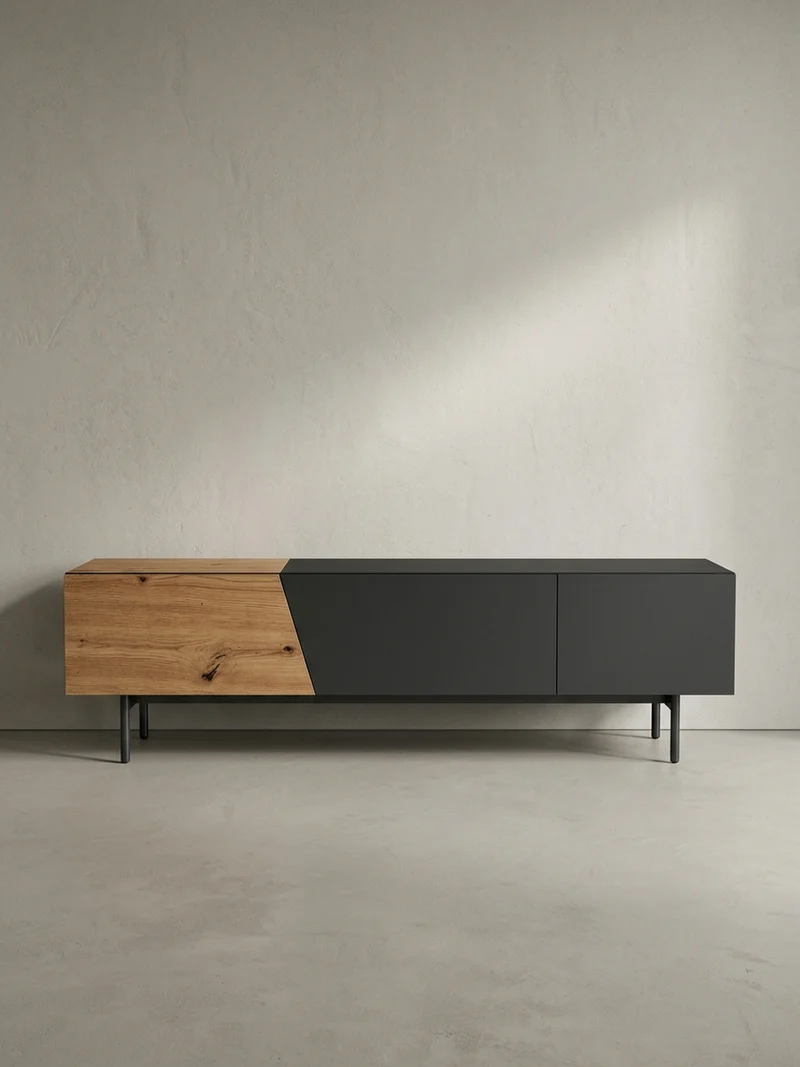 TV-Lowboard mit Marmor/Eiche-Dekor, Türen und Schublade, modern