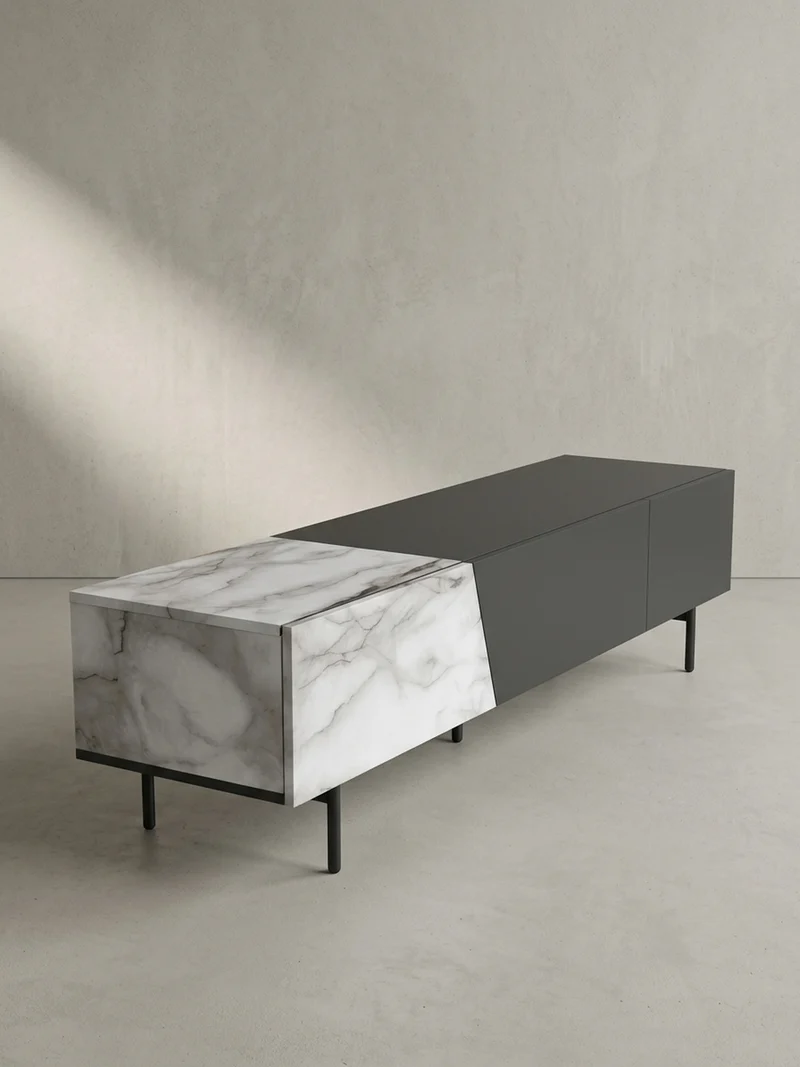 TV-Lowboard mit Marmor/Eiche-Dekor, Türen und Schublade, modern