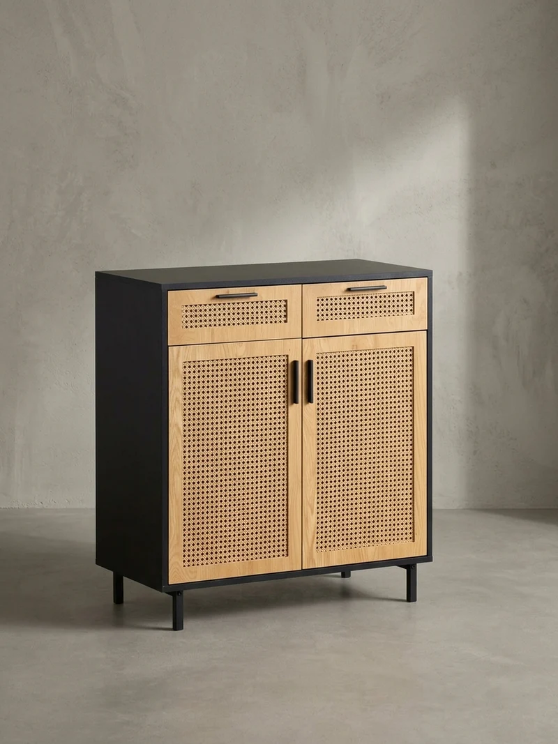 Sideboard – Schwarz, 80x86,5x40 cm, mit Wiener Geflecht, 2 Türen, Schubladen, hoch