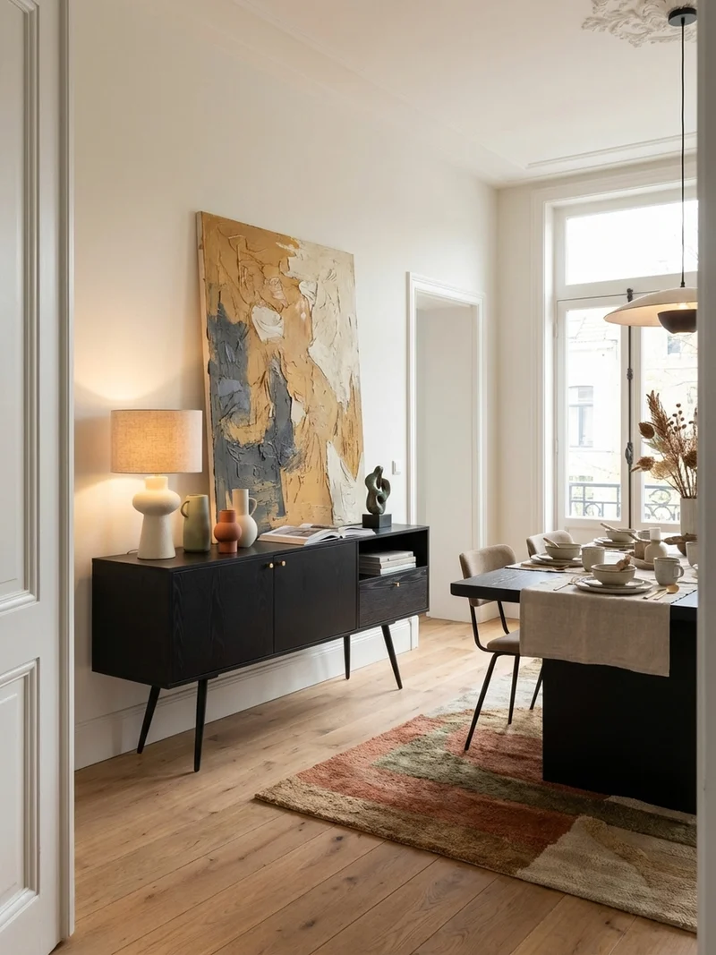 Sideboard – Schwarz/Eiche-Dekor, 140x75x40 cm, mit 2 Türen, Schublade, offenes Fach