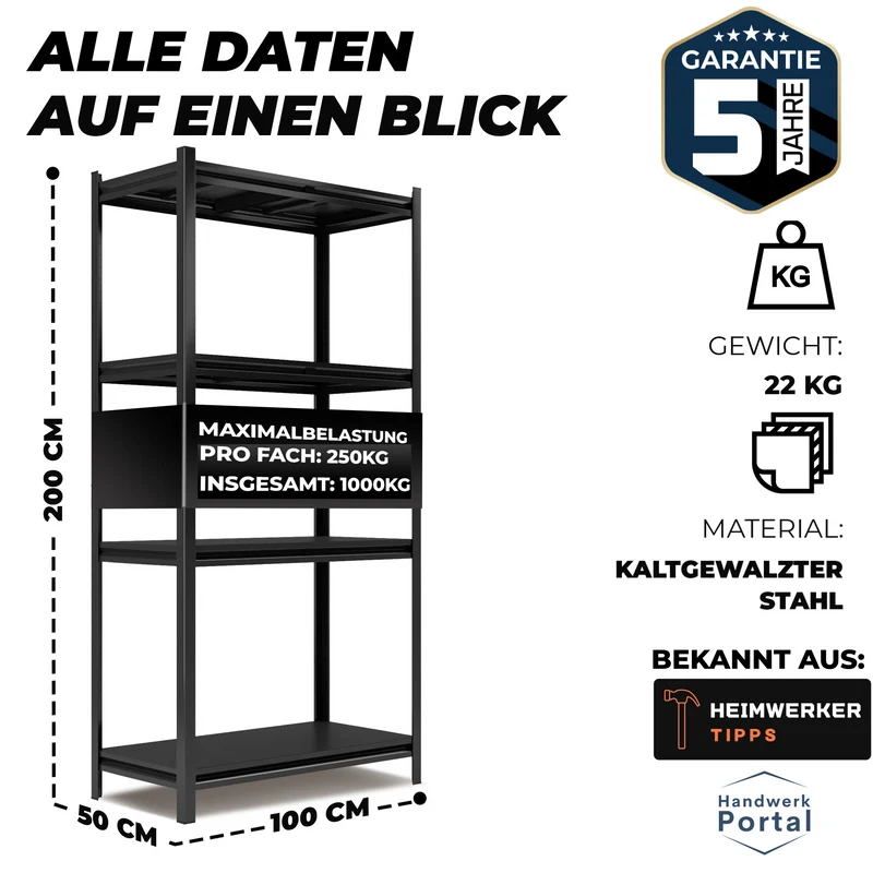 ALLSHELF Metallregal 200x100x50cm