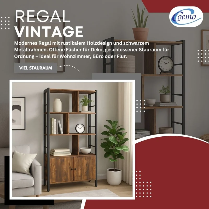 Mein-Regal Regal Vintage 74x30x155 cm mit 7 Fächern & 2 Türen Schrankelement aus Metall & Holz