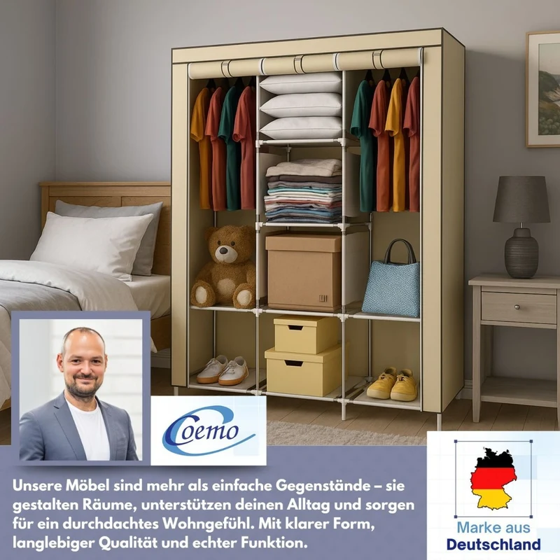 Coemo faltbarer Kleiderschrank Stoffschrank, Stahlgestell, mit 2 Kleiderstangen, Regalen, 8 Ablageflächen