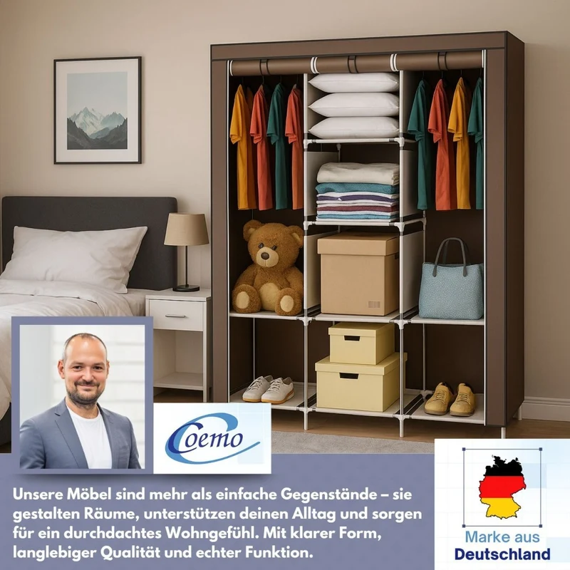Coemo faltbarer Kleiderschrank Stoffschrank, Stahlgestell, mit 2 Kleiderstangen, Regalen, 8 Ablageflächen