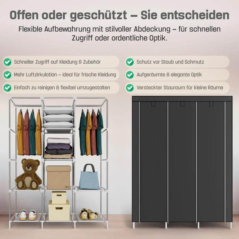 Coemo faltbarer Kleiderschrank Stoffschrank, Stahlgestell, mit 2 Kleiderstangen, Regalen, 8 Ablageflächen