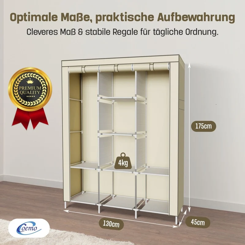 Coemo faltbarer Kleiderschrank Stoffschrank, Stahlgestell, mit 2 Kleiderstangen, Regalen, 8 Ablageflächen