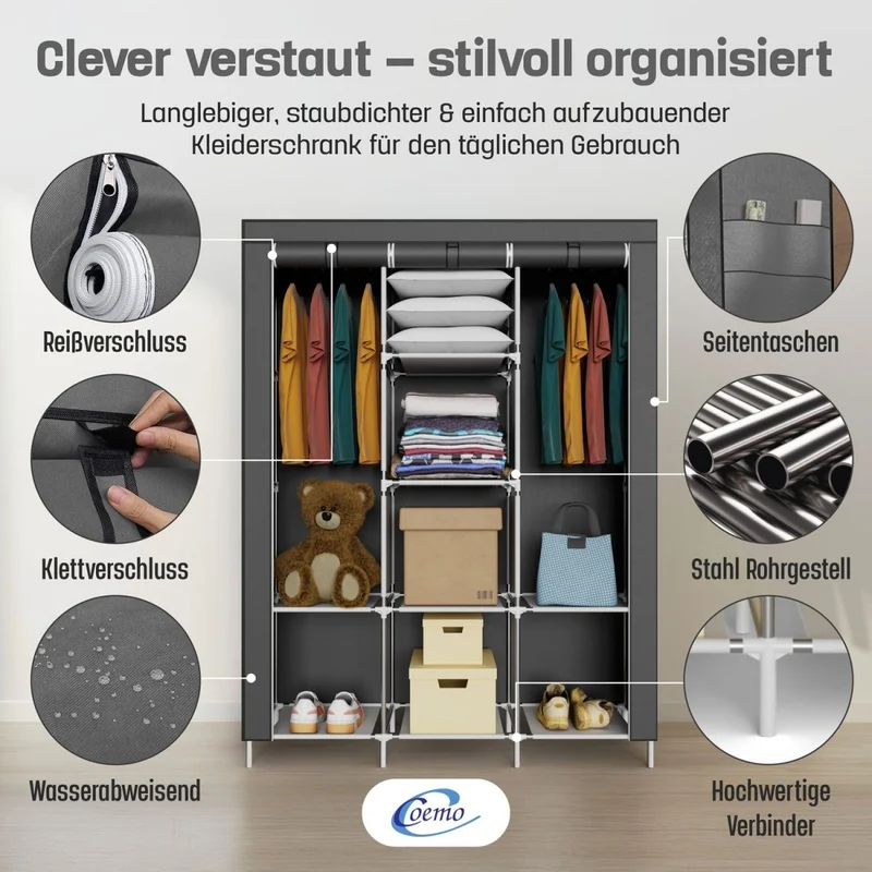 Coemo faltbarer Kleiderschrank Stoffschrank, Stahlgestell, mit 2 Kleiderstangen, Regalen, 8 Ablageflächen
