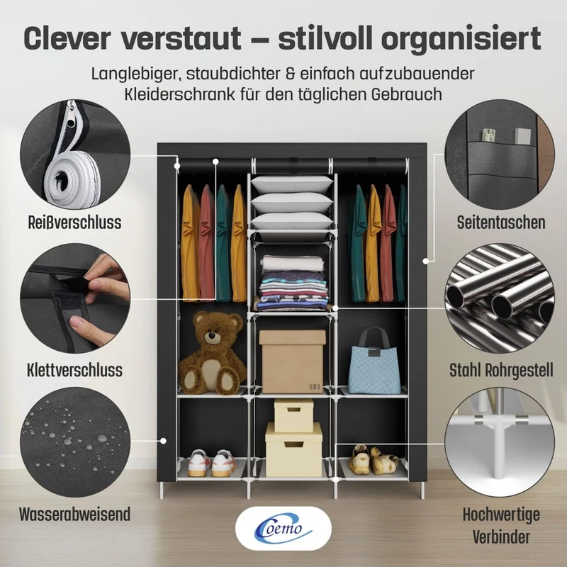 Coemo faltbarer Kleiderschrank Stoffschrank, Stahlgestell, mit 2 Kleiderstangen, Regalen, 8 Ablageflächen