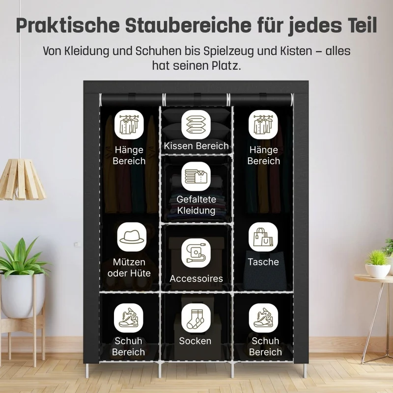 Coemo faltbarer Kleiderschrank Stoffschrank, Stahlgestell, mit 2 Kleiderstangen, Regalen, 8 Ablageflächen