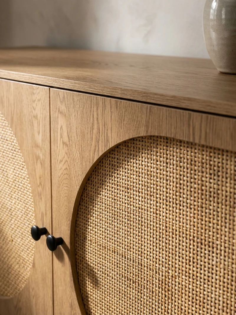 Sideboard – Eiche-Dekor/Rattan, 140x80x39 cm, 3 Türen, hoch