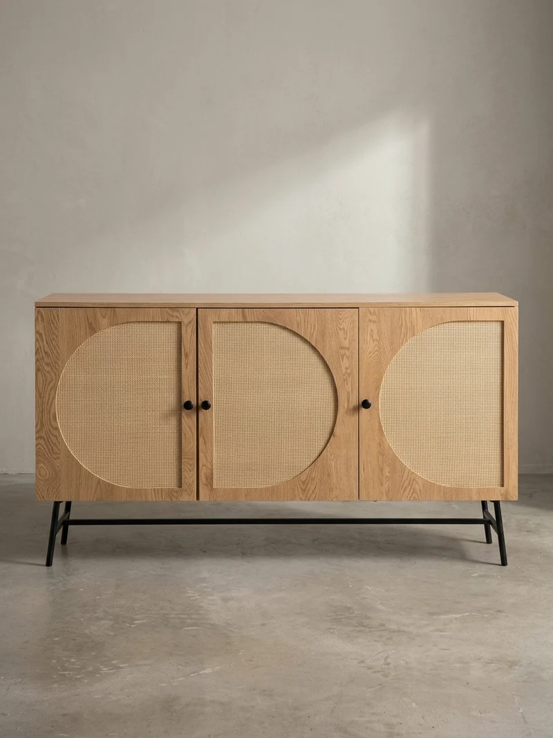 Sideboard – Eiche-Dekor/Rattan, 140x80x39 cm, 3 Türen, hoch
