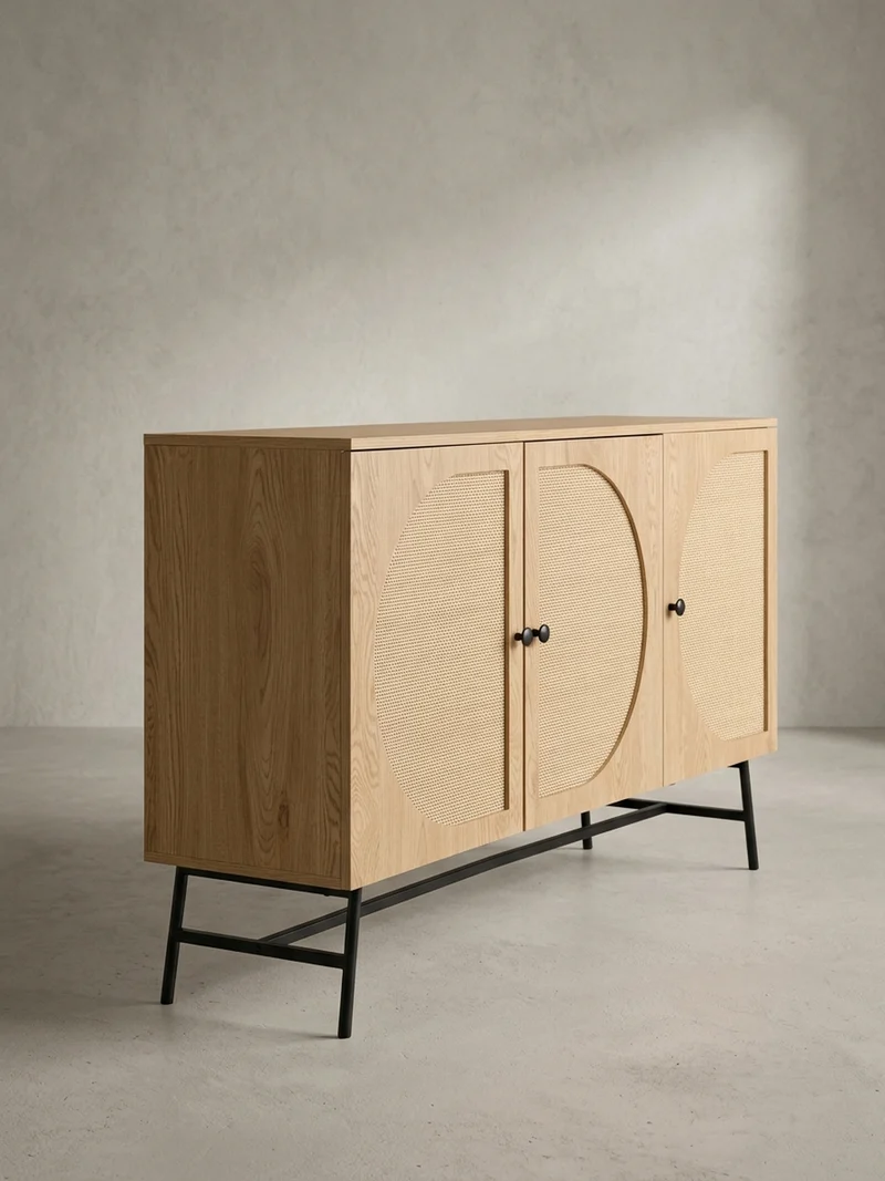 Sideboard – Eiche-Dekor/Rattan, 140x80x39 cm, 3 Türen, hoch
