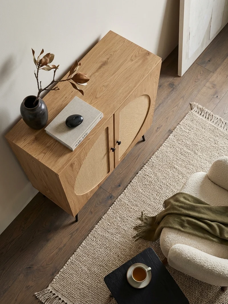 Sideboard – Eiche-Dekor/Rattan, 80x103x39 cm, 2 Türen, hoch