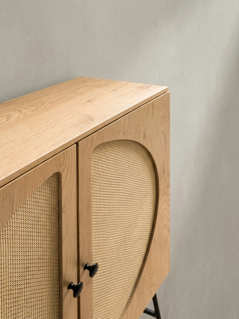 Sideboard – Eiche-Dekor/Rattan, 80x103x39 cm, 2 Türen, hoch