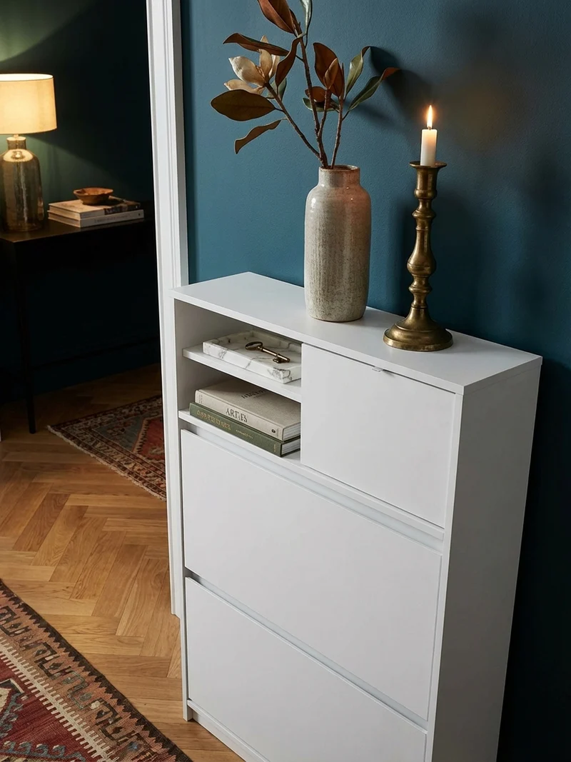 Schuhschrank – Weiß, 71x110x24 cm, Schuhkipper geschlossen, mit Ablage