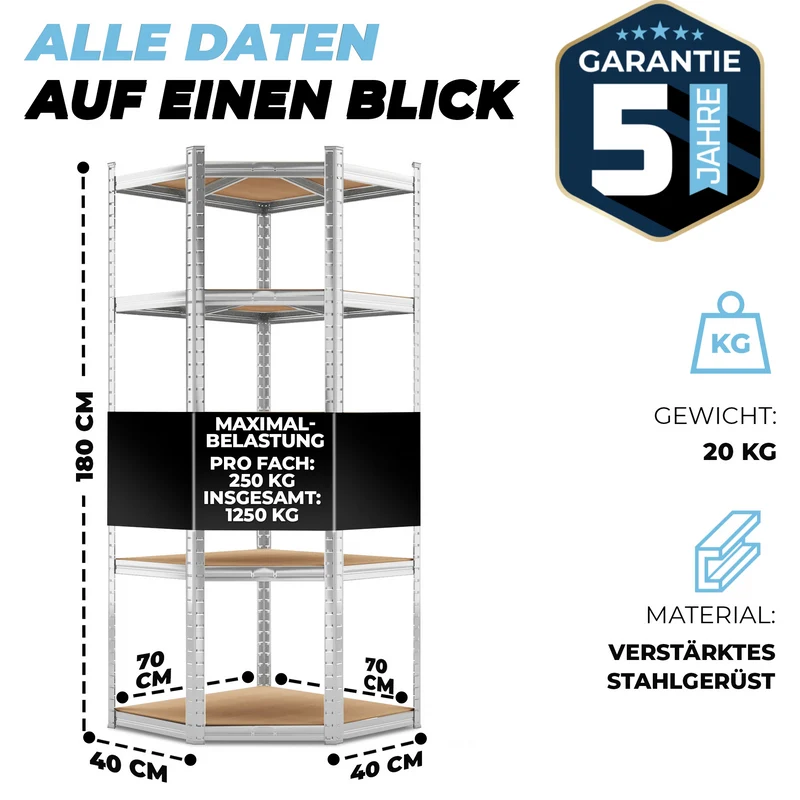 ALLSHELF Eckregal 180x70x40cm Silber