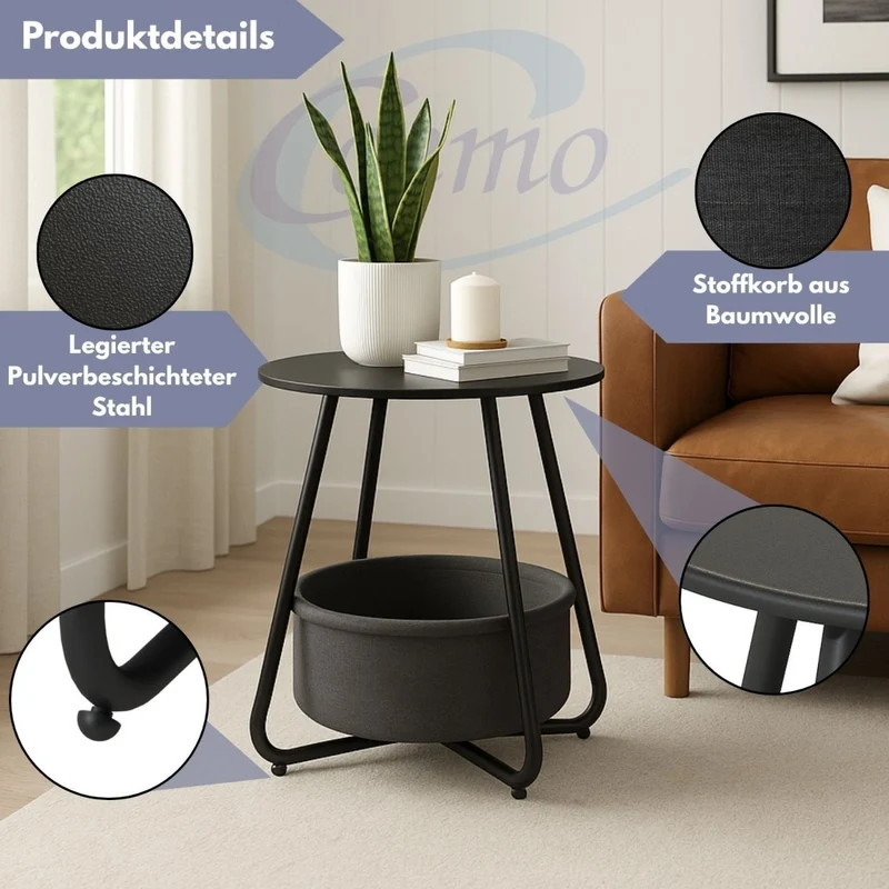 Coemo Beistelltisch Kosi mit Canvas Korb - Metallgestell mit Stoffkorb