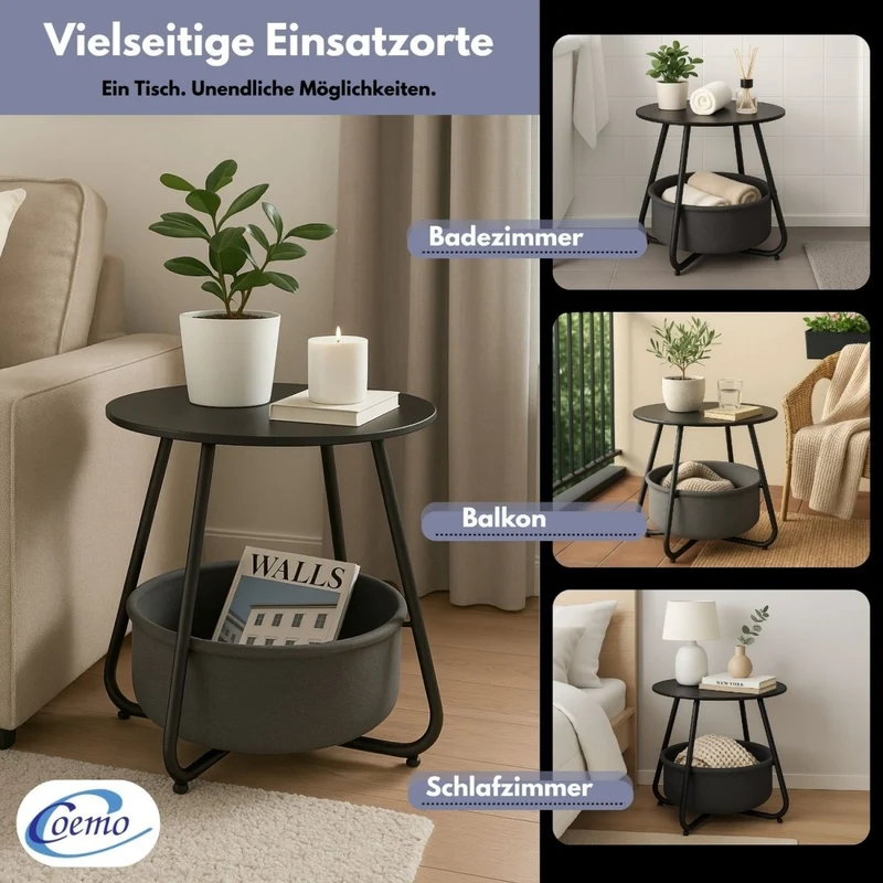 Coemo Beistelltisch Kosi mit Canvas Korb - Metallgestell mit Stoffkorb