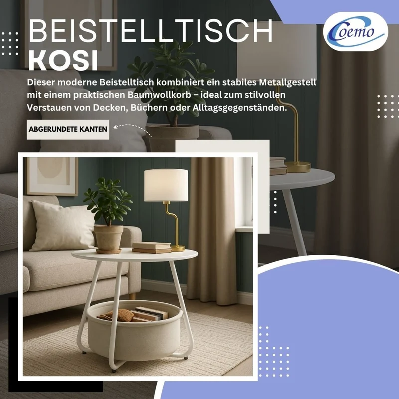 Coemo Beistelltisch Kosi mit Canvas Korb - Metallgestell mit Stoffkorb