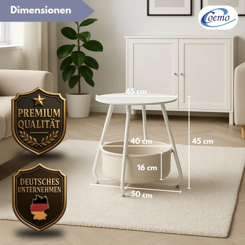 Coemo Beistelltisch Kosi mit Canvas Korb - Metallgestell mit Stoffkorb