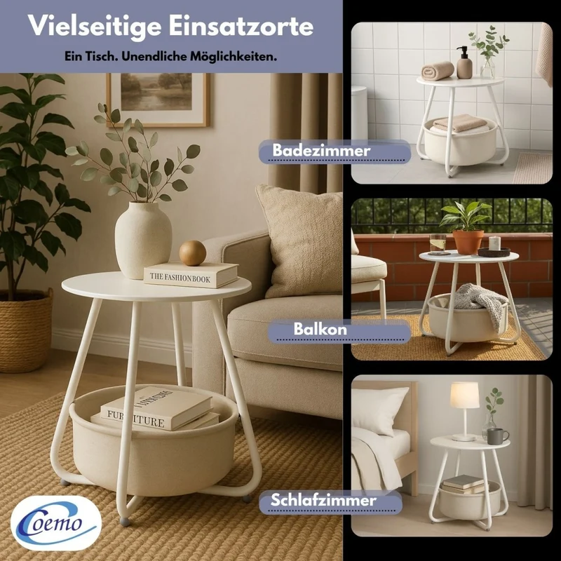Coemo Beistelltisch Kosi mit Canvas Korb - Metallgestell mit Stoffkorb