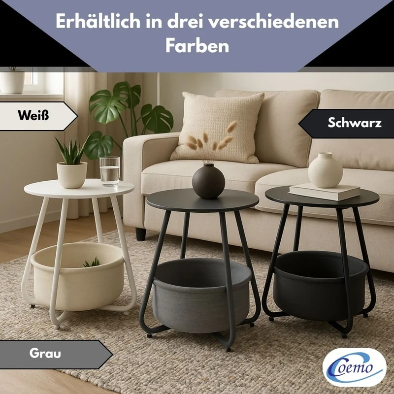 Coemo Beistelltisch Kosi mit Canvas Korb - Metallgestell mit Stoffkorb