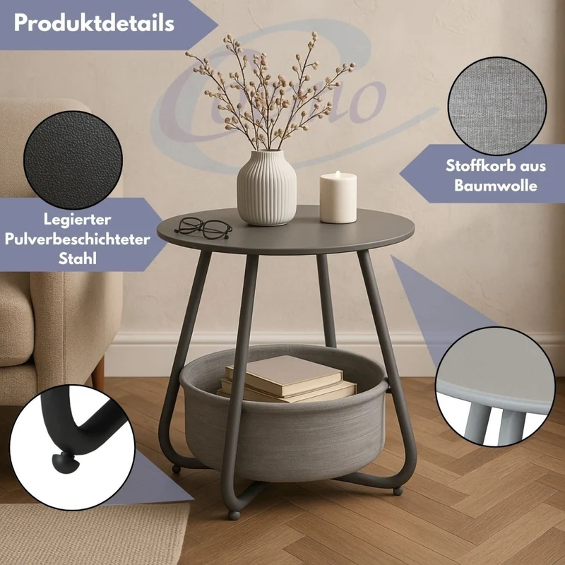 Coemo Beistelltisch Kosi mit Canvas Korb - Metallgestell mit Stoffkorb