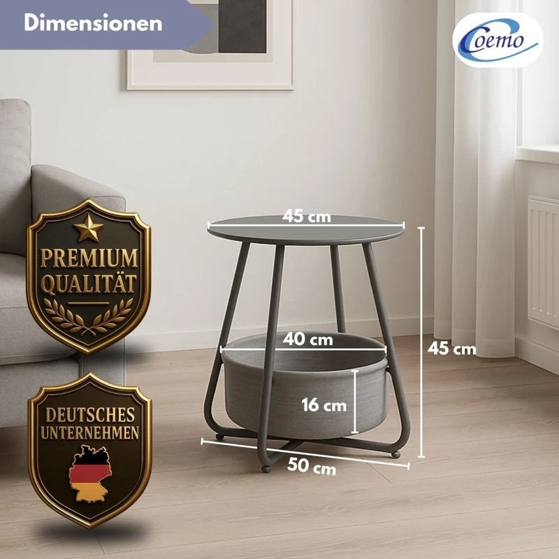 Coemo Beistelltisch Kosi mit Canvas Korb - Metallgestell mit Stoffkorb
