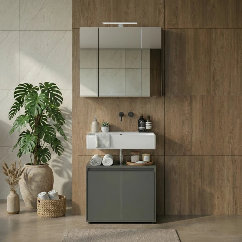 Waschbeckenunterschrank mit zwei Türen und Einlegeboden, Soft-Close