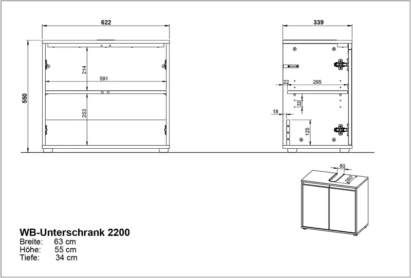 Waschbeckenunterschrank mit zwei Türen und Einlegeboden, Soft-Close