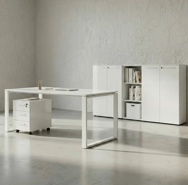 Büro-Set 5-teilig | Glasfront Abschließbar Soft-Close | Schreibtisch, Container, 2 Schränke, Regal