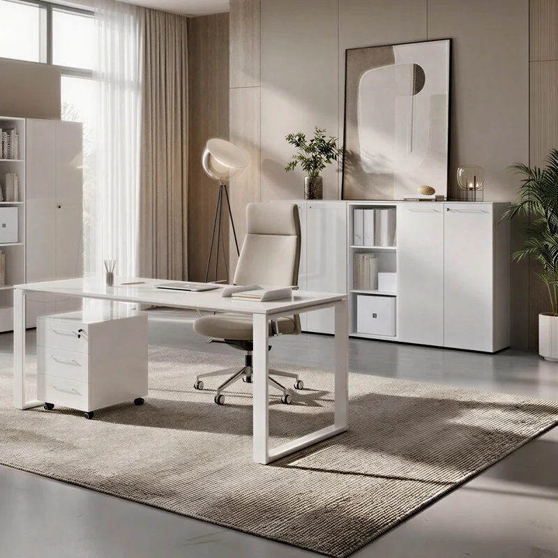 Büro-Set 5-teilig | Glasfront Abschließbar Soft-Close | Schreibtisch, Container, 2 Schränke, Regal
