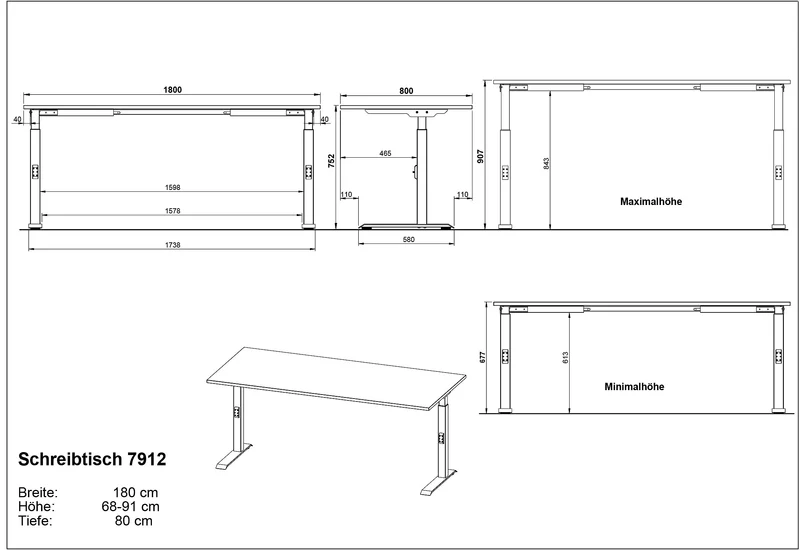 Büro-Set 2-teilig | Schreibtisch höheneinstellbar (68-91cm) & Rollcontainer (Soft-Close)
