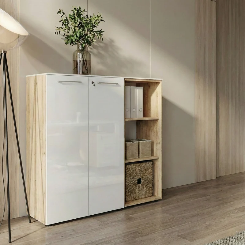Büro-Set 2-teilig | 120cm hoch | Kommode x Regal | Glas Front & Abschließbar