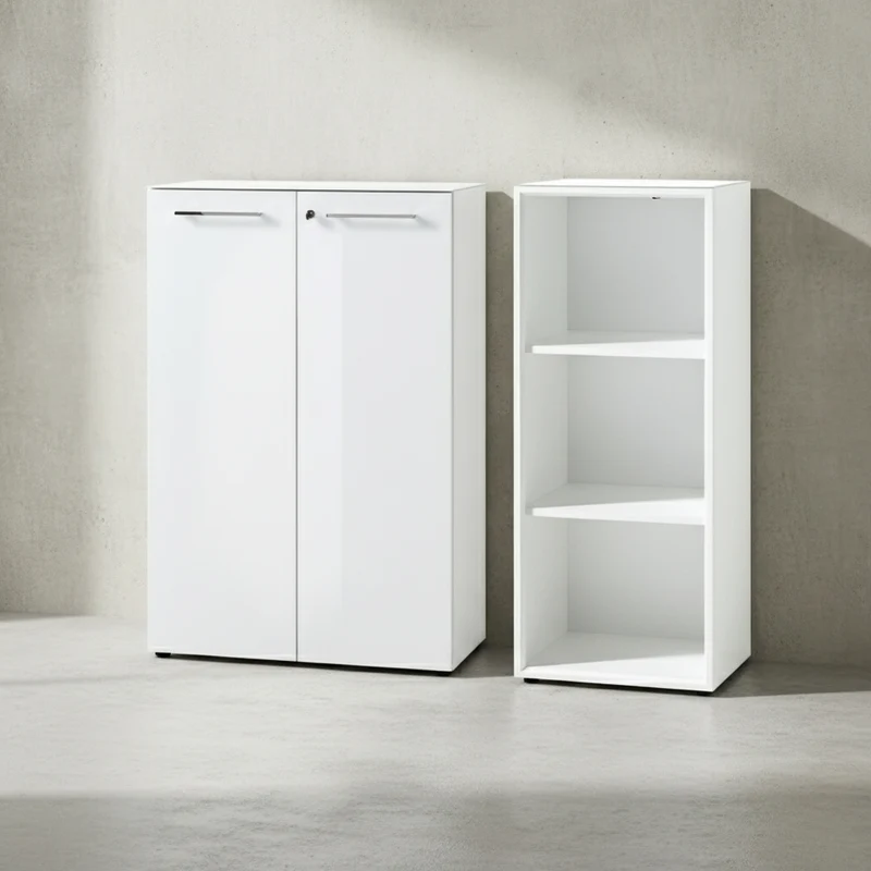 Büro-Set 2-teilig | 120cm hoch | Kommode x Regal | Glas Front & Abschließbar