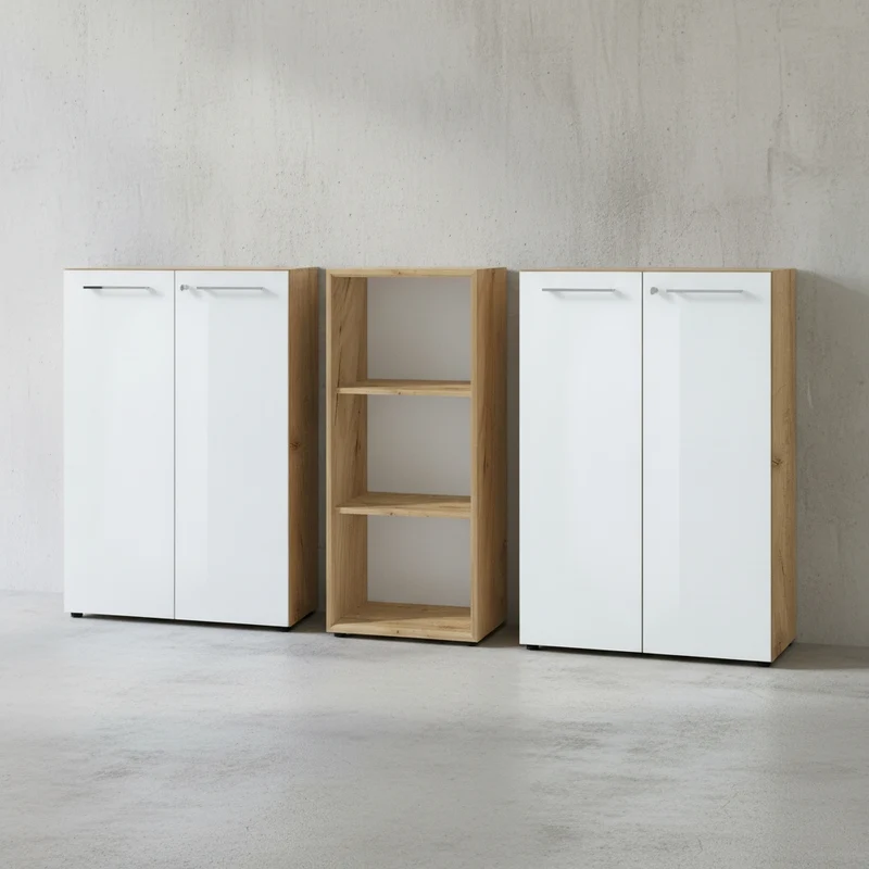 Büro-Set 3-teilig | 120cm hoch | 2 Kommode x 1 Regal | Glas Front & Abschließbar