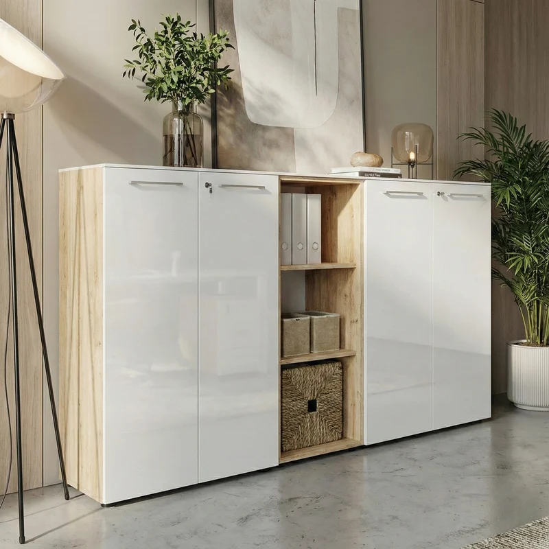 Büro-Set 3-teilig | 120cm hoch | 2 Kommode x 1 Regal | Glas Front & Abschließbar
