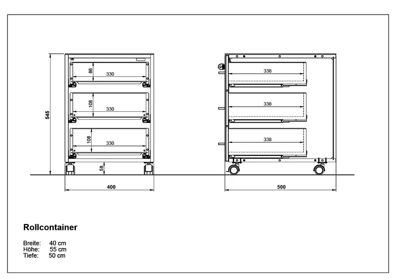 Rollcontainer 40x50x55 cm | Glasfront Soft-Close Abschließbar