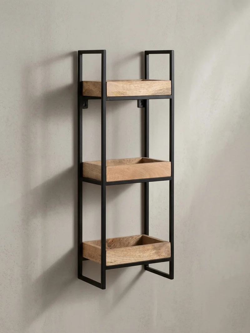 Wandregal Mango Massivholz Metall Industrial Stil 27x77x18 cm Rechteckig mit 3 Ablagen