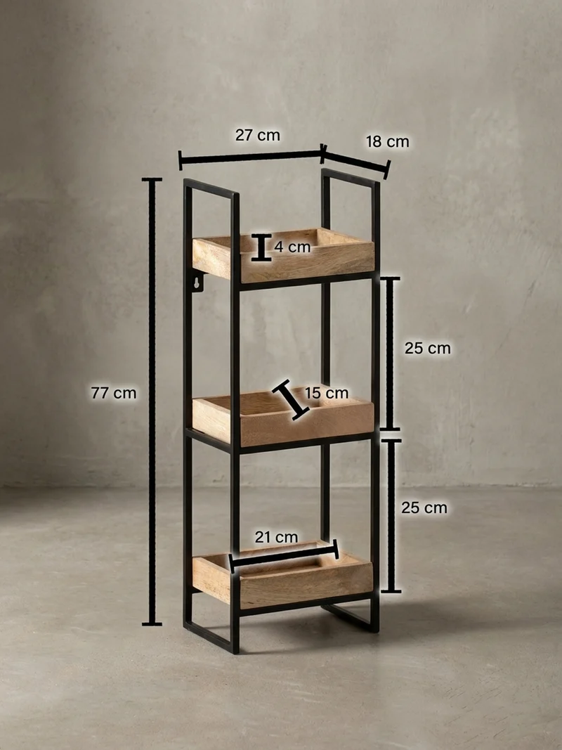 Wandregal Mango Massivholz Metall Industrial Stil 27x77x18 cm Rechteckig mit 3 Ablagen
